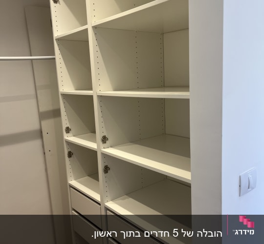ארון מדפים לבן עם מגירות בחדר ריק